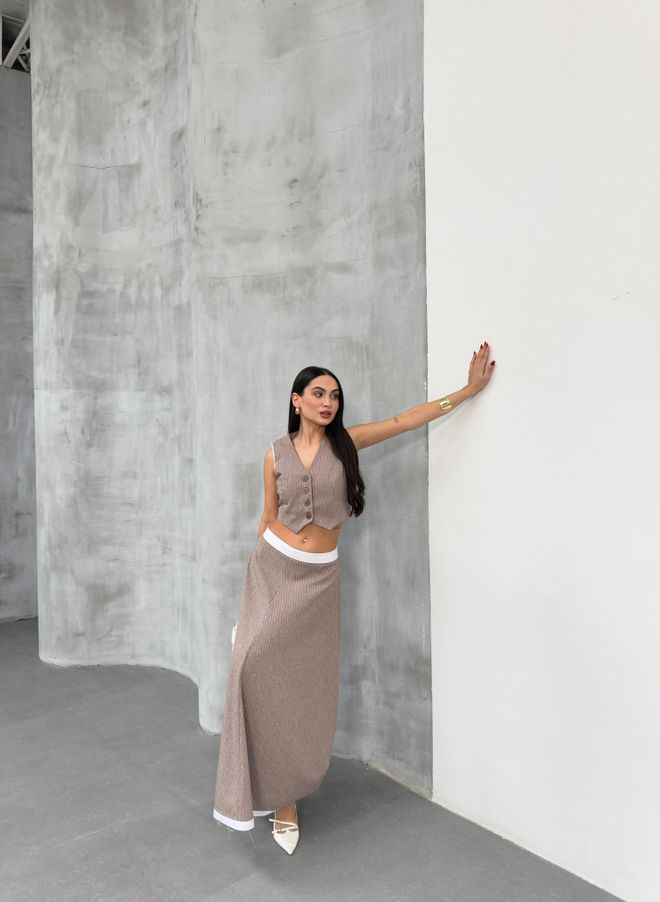 Ouz Fashion Conjunto De Chaleco Con Falda Midi Adornada A Rayas Visón Ropa al por mayor Elegante