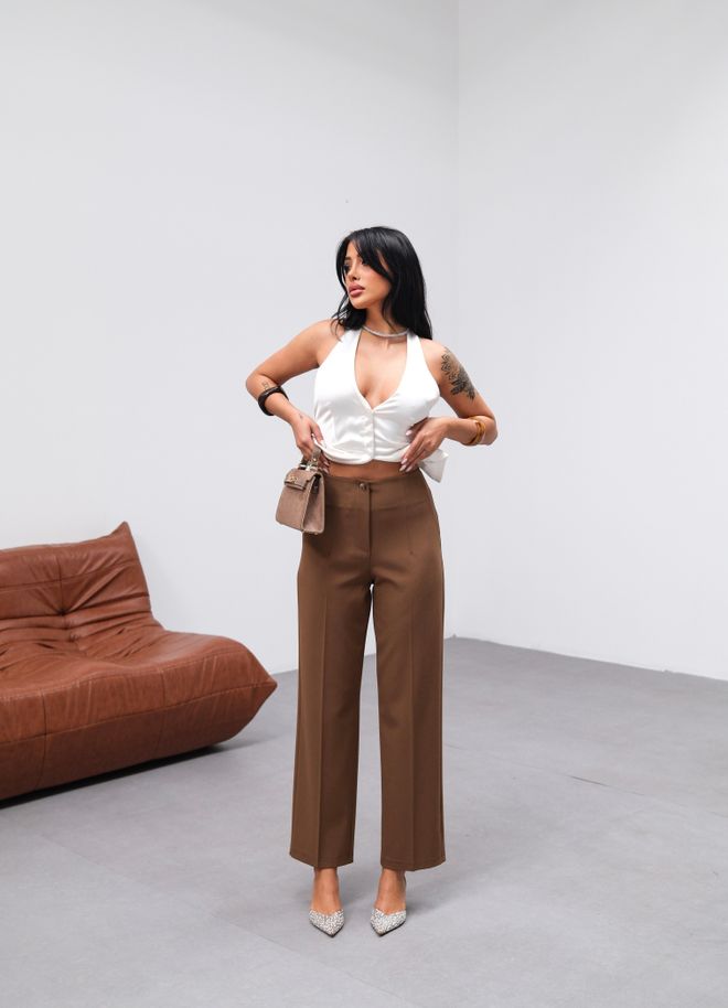 Ouz Fashion Poly Viscose High Waist Moulded Pants Brown Wholesale Clothing Formal