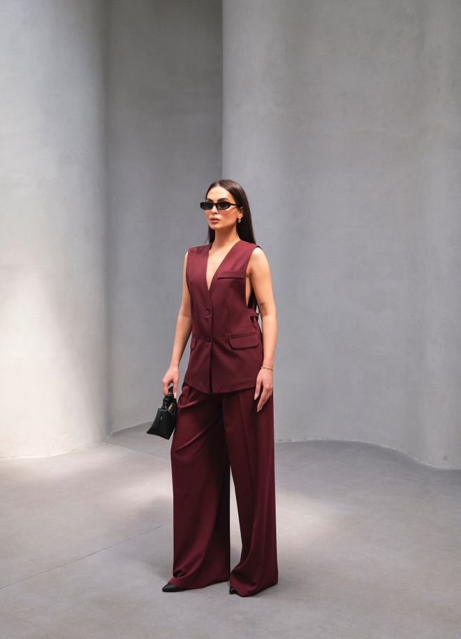 Ouz Fashion Ensemble Gilet En Polyviscose Avec Boutons Et Ceinture Au Dos Avec Détail De Ceinture Bordeaux Vêtements en gros Élégant