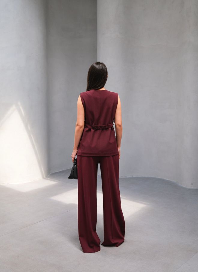 Ouz Fashion Poly Viscose Back Button And Belt Detailed Vest Pants Set Burgundy Wholesale Clothing Elegant