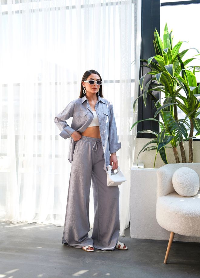 Ouz Fashion Conjunto Doble De Camisa Y Pantalones De Lino Gris Ropa al por mayor Casual