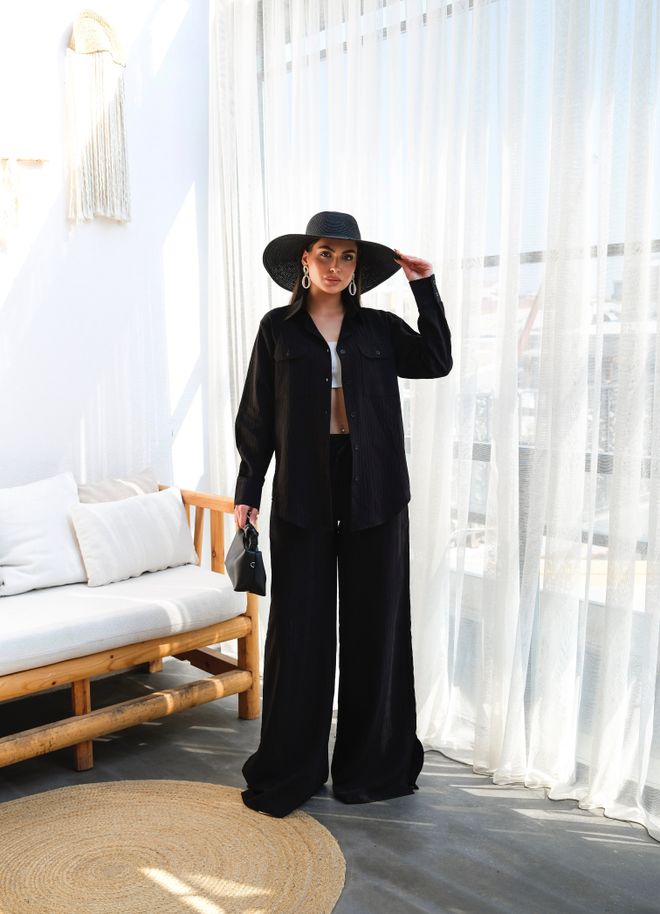 Ouz Fashion Lininių Marškinių Ir Kelnių Dvigubas Komplektas Juodas Didmeninė prekyba drabužiais Kokteilinė