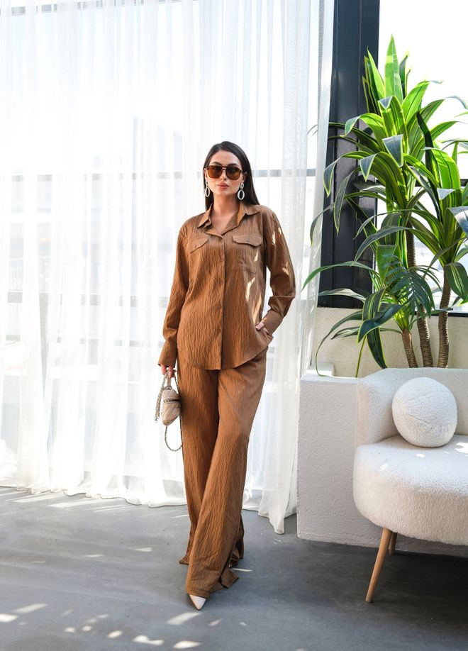 Ouz Fashion Lininių Marškinių Ir Kelnių Dvigubas Komplektas Rudas Didmeninė prekyba drabužiais Kokteilinė