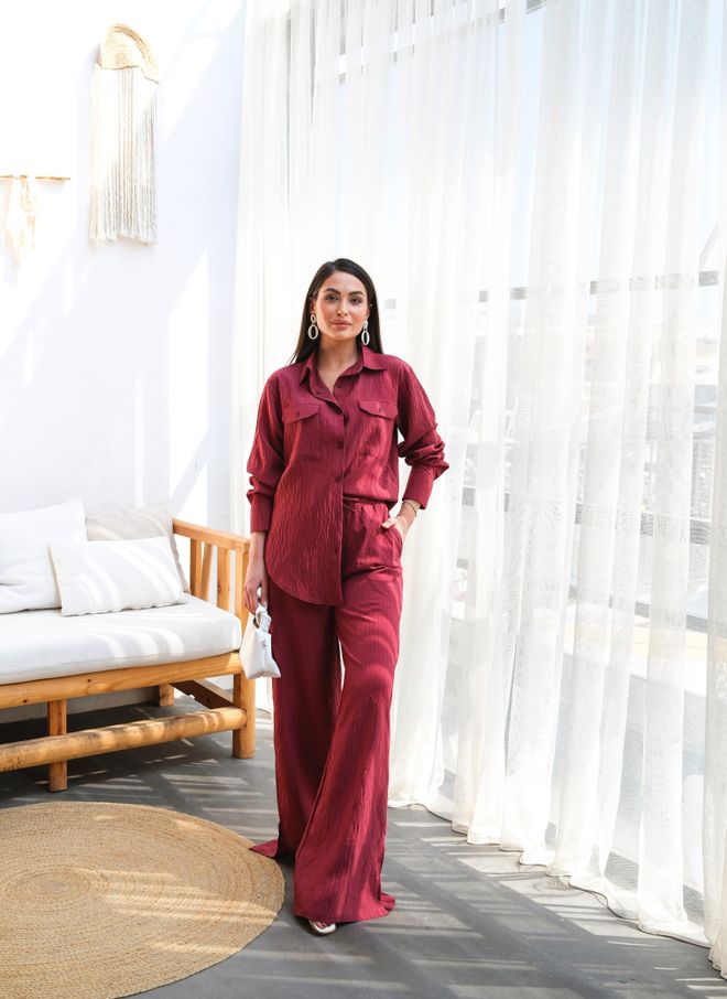 Ouz Fashion Linen Shirt And Pants Double Set Burgundy Wholesale Clothing Casual