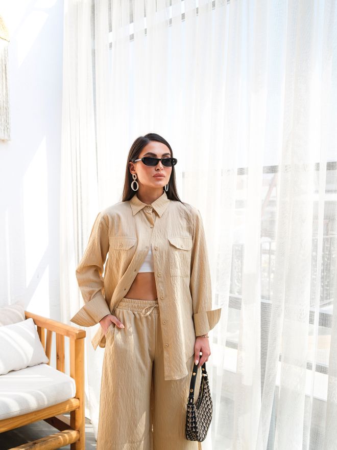Ouz Fashion Doppelset Aus Leinenhemd Und Hose — Beige Großhandelskleidung Lässig