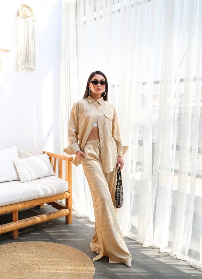 Ouz Fashion Linen Shirt And Pants Double Set Beige Wholesale Clothing Casual