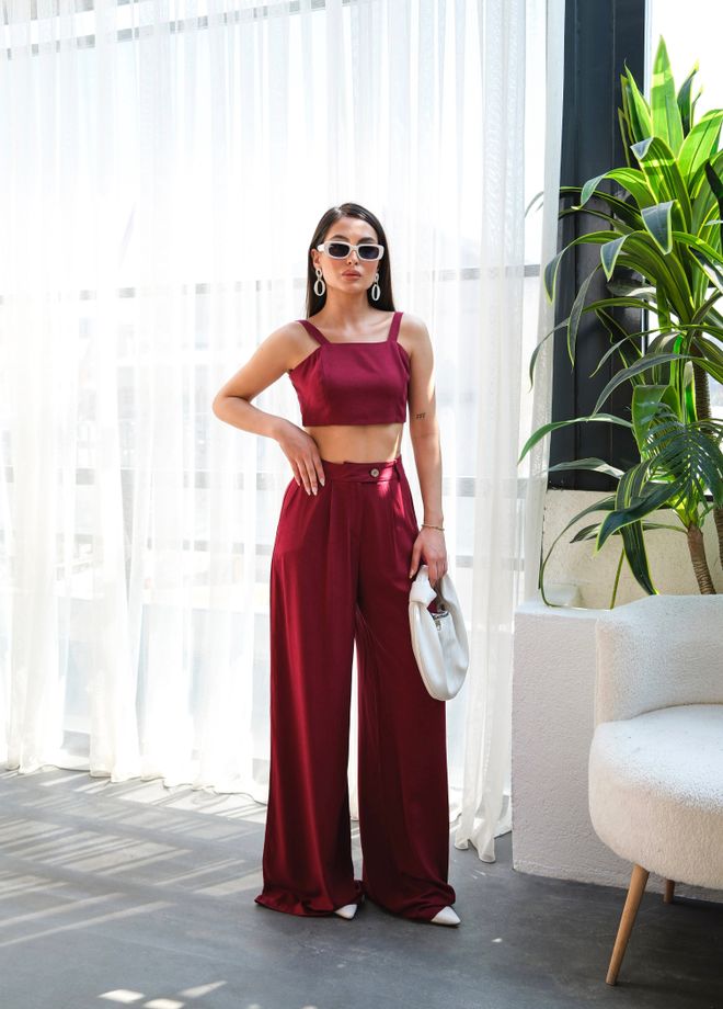Ouz Fashion Gipeli Crop and Pants Aus Leinen Doppelset Großhandelskleidung Elegant