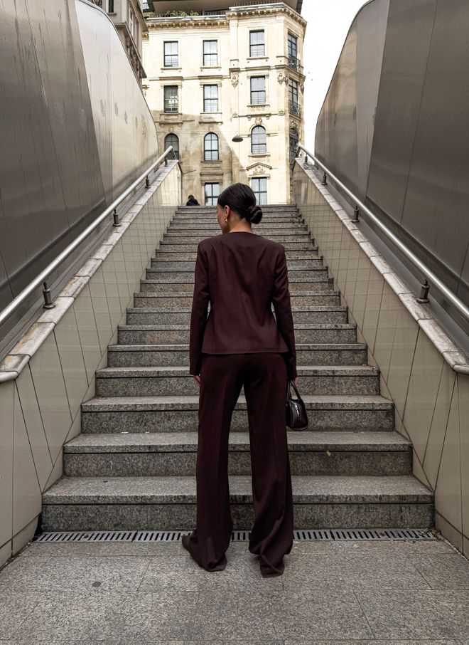 Ouz Fashion Asymmetric Buttoned Wadded Jacket Pants Set Brown Wholesale Clothing Elegant