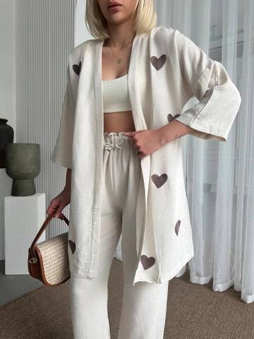 A wholesale clothing model wears  Heart Linen Kimono
, Turkish wholesale Kimono of PANDA