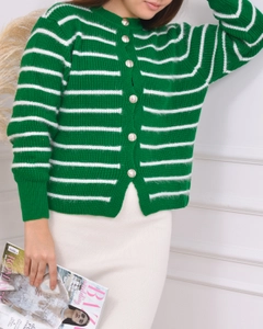A wholesale clothing model wears pan10072-striped-buttoned-cardigan, Turkish wholesale Cardigan of PANDA