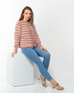 A wholesale clothing model wears pan10073-striped-buttoned-cardigan, Turkish wholesale Cardigan of PANDA
