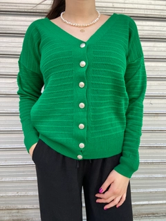 A wholesale clothing model wears pan10082-buttoned-knitwear-cardigan, Turkish wholesale Cardigan of PANDA
