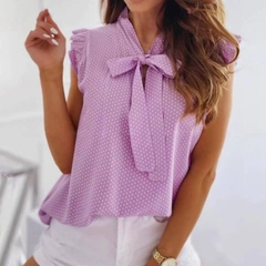 A wholesale clothing model wears pbo10884-moskrep-fabric-polka-dot-blouse, Turkish wholesale Blouse of Polo Bonetta