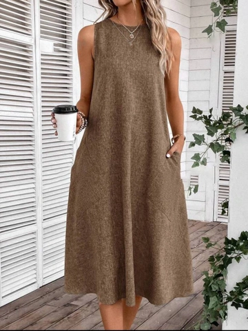 A wholesale clothing model wears  Linen Fabric Dress With Pocket Detail
, Turkish wholesale Dress of Polo Bonetta