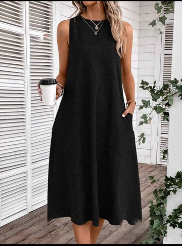 A wholesale clothing model wears  Linen Fabric Dress With Pocket Detail
, Turkish wholesale Dress of Polo Bonetta