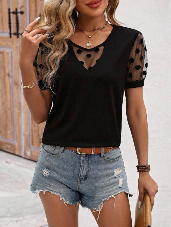 Polo Bonetta Bluza Iz Peščenega Blaga S Pikčastim Tilom In Rokavi Oblačila na debelo Ležerno