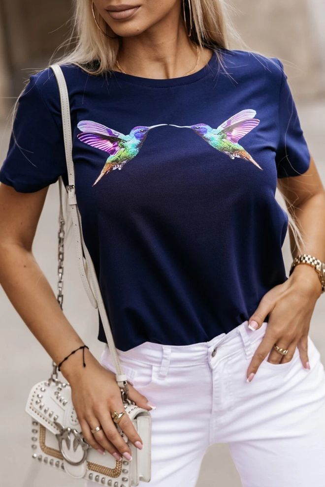 Polo Bonetta T Shirt Aus Single Jersey Stoff Mit Vogelmuster Großhandelskleidung Lässig