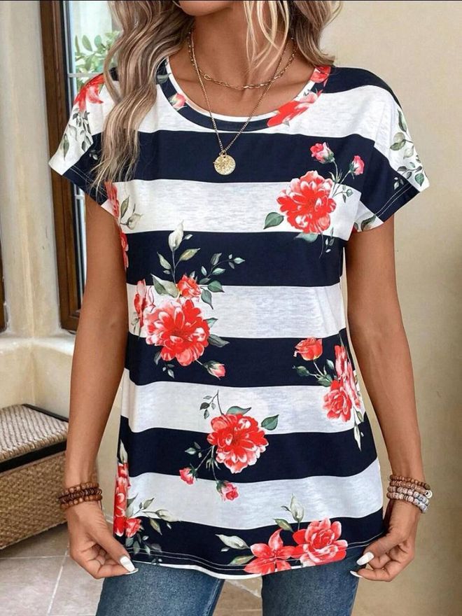 Polo Bonetta Gestreiftes Jersey T Shirt Mit Rosenmuster Großhandelskleidung Lässig