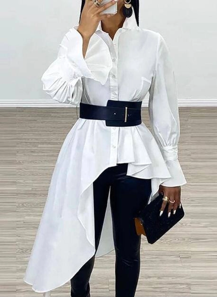 A wholesale clothing model wears PBO10481 - Cotton Polyester Fabric  Asymmetrical Cut Shirt-Belt Included, Turkish wholesale Shirt of Polo Bonetta