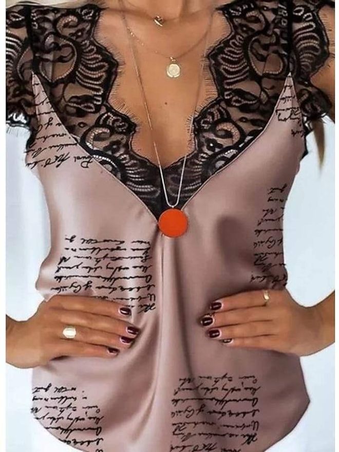 Polo Bonetta Блузка Из Микроткани С Кружевом И Бретельками V образным Вырезом И Цифровым Принтом Оптовая продажа одежды Повседневный