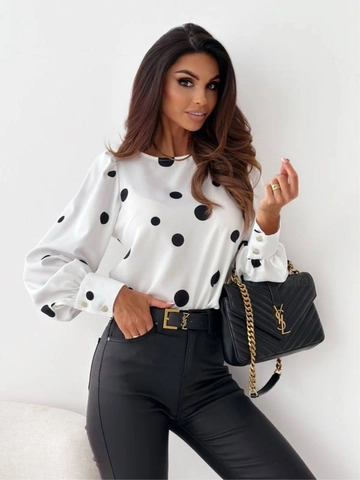 A wholesale clothing model wears  Crew Neck Polka Dot Micro Blouse
, Turkish wholesale Blouse of Polo Bonetta