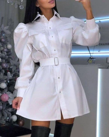 A wholesale clothing model wears  Front Pocket Metal Button Balloon Sleeve Belted Shirt Dress
, Turkish wholesale Belt of Polo Bonetta