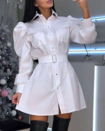 A wholesale clothing model wears  Front Pocket Metal Button Balloon Sleeve Belted Shirt Dress
, Turkish wholesale Dress of Polo Bonetta