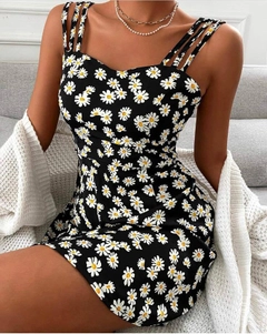 A wholesale clothing model wears PBO10049 - Daisy Pattern Micro Fabric Strap Mini Dress, Turkish wholesale Dress of Polo Bonetta