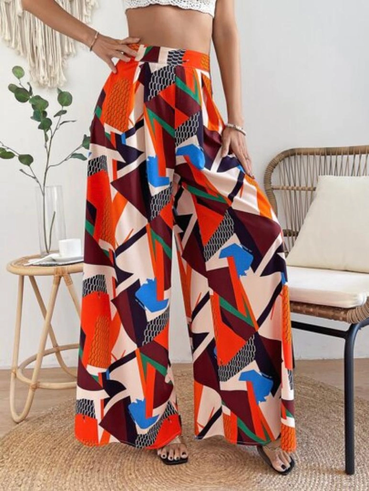 Una modella di abbigliamento all'ingrosso indossa pbo10793-wide-leg-patterned-single-jersey-trousers-orange, vendita all'ingrosso turca di Pantaloni di Polo Bonetta