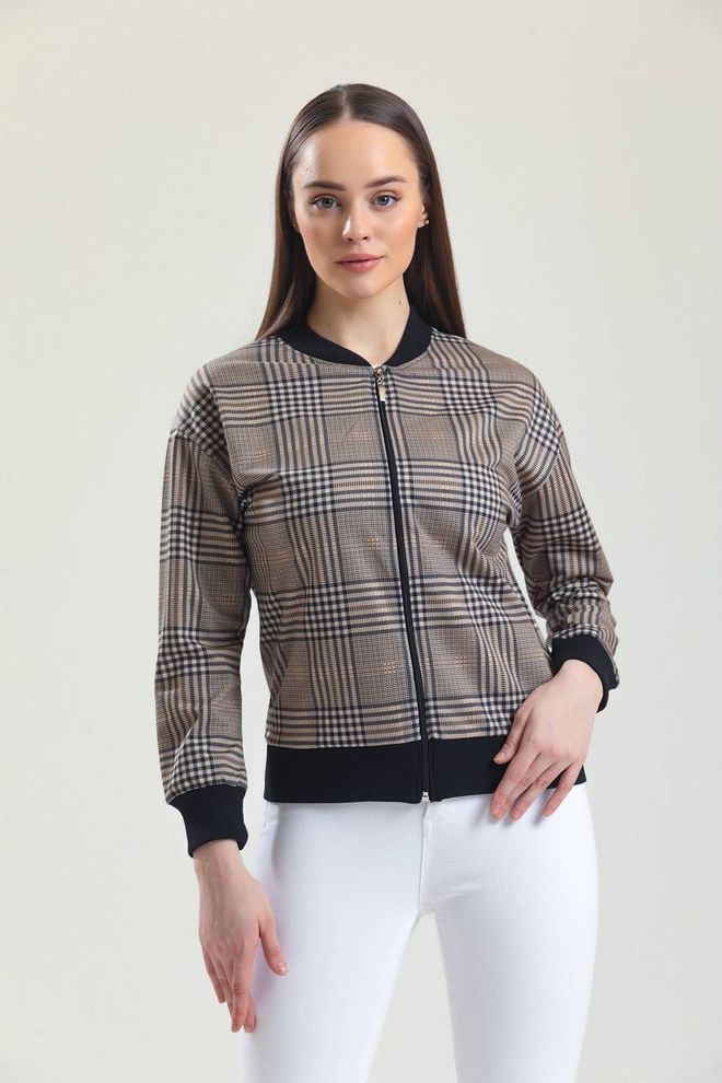 Polo Bonetta Bomber Zippé À Carreaux Beige Et Noir Vêtements en gros Décontracté