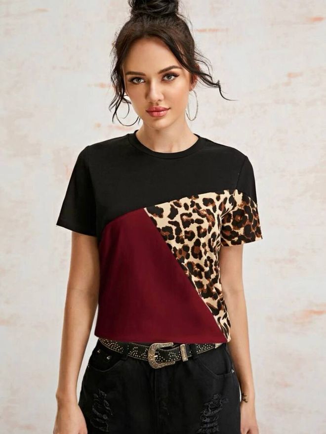 Polo Bonetta Asymmetrisches T Shirt Aus Viskose Mit Leopardengarnierung – Schwarz Und Braun Großhandelskleidung Lässig