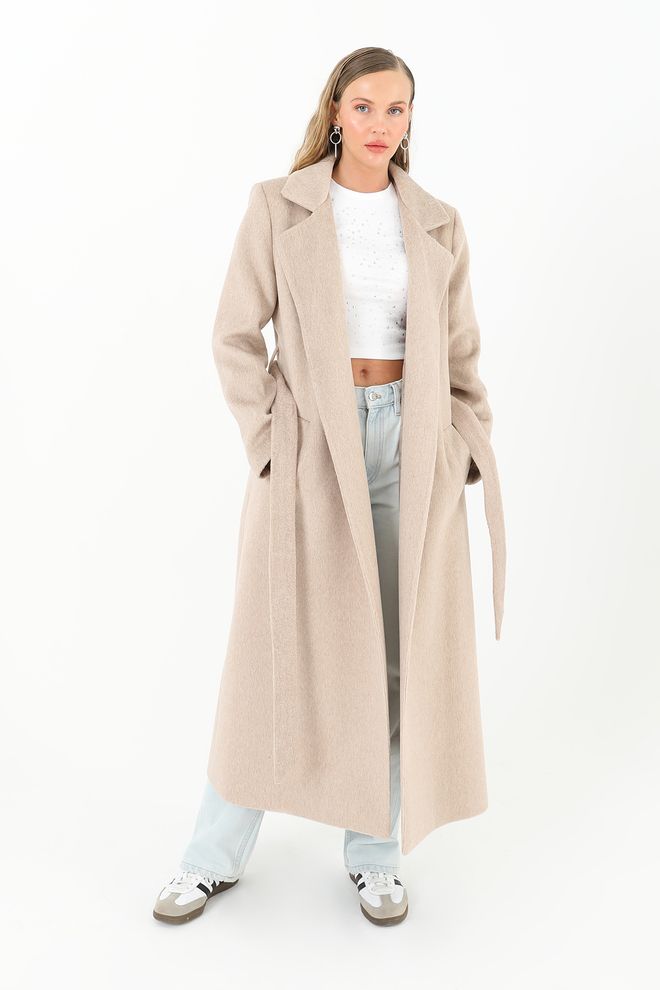 Puane Ženski Plašč S Pasom Z Dvojnim Zapenjanjem In Ovratnikom Oblačila na debelo 2