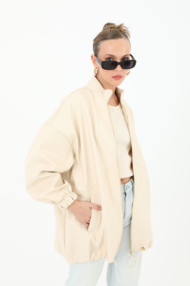 Puane Cappotto In Pelle Con Cerniera Frontale Beige Abbigliamento all'ingrosso Casuale