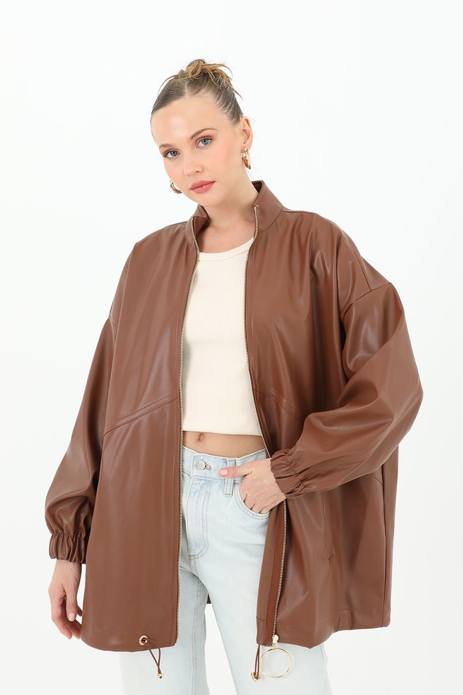 Puane Cappotto In Pelle Con Cerniera Frontale Marrone Abbigliamento all'ingrosso Casuale