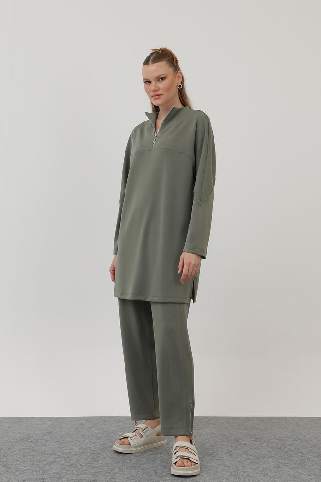 Puane Front Zipper Detail Tunic Khaki Wholesale Clothing Casual