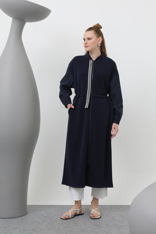 Puane Front Zipper And Ribbon Detailed Waist Gathered Dress Navy Blue Wholesale Clothing Casual