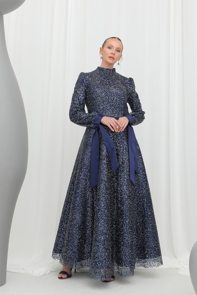 Puane Vestido De Noche Elegante Con Detalle De Lentejuelas Brillantes Azul Marino Ropa al por mayor Modesto