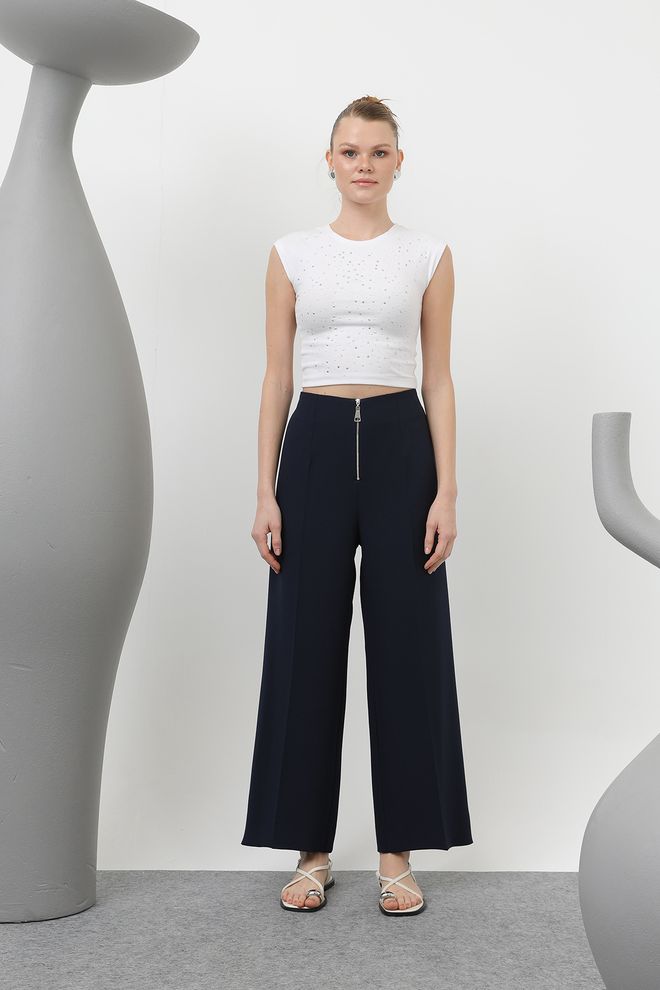 Puane Pantalon Crayon Zippé À Détails Détaillés Pour Femmes Bleu Marine Vêtements en gros Décontracté