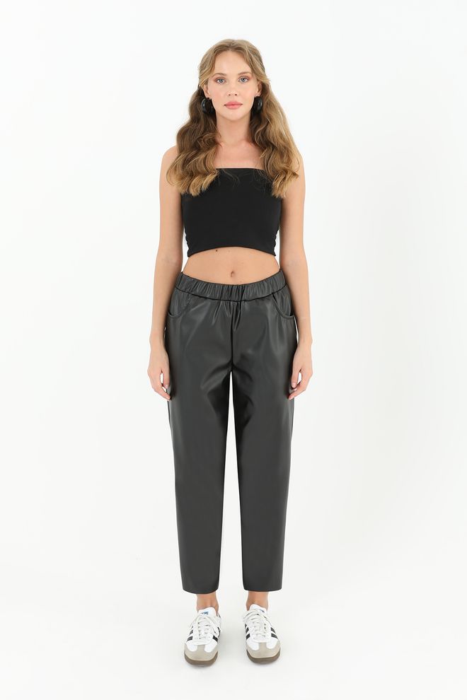Puane Women's Elastic Waist Pocket Detailed Leather Trousers Χονδρικό εμπόριο ενδυμάτων undefined