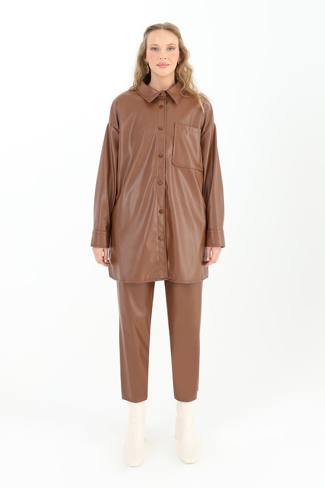Puane Women's Leather Shirt With Pockets Wholesale Clothing Casual