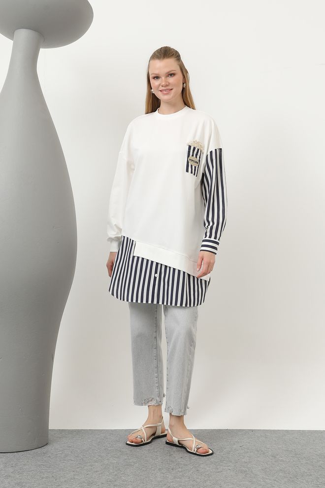 Puane Kadın Önü Pop Corn Baskılı Ve Boncuk İşlemeli Çizgi Garnili Tunik Toptan Giyim Gündelik