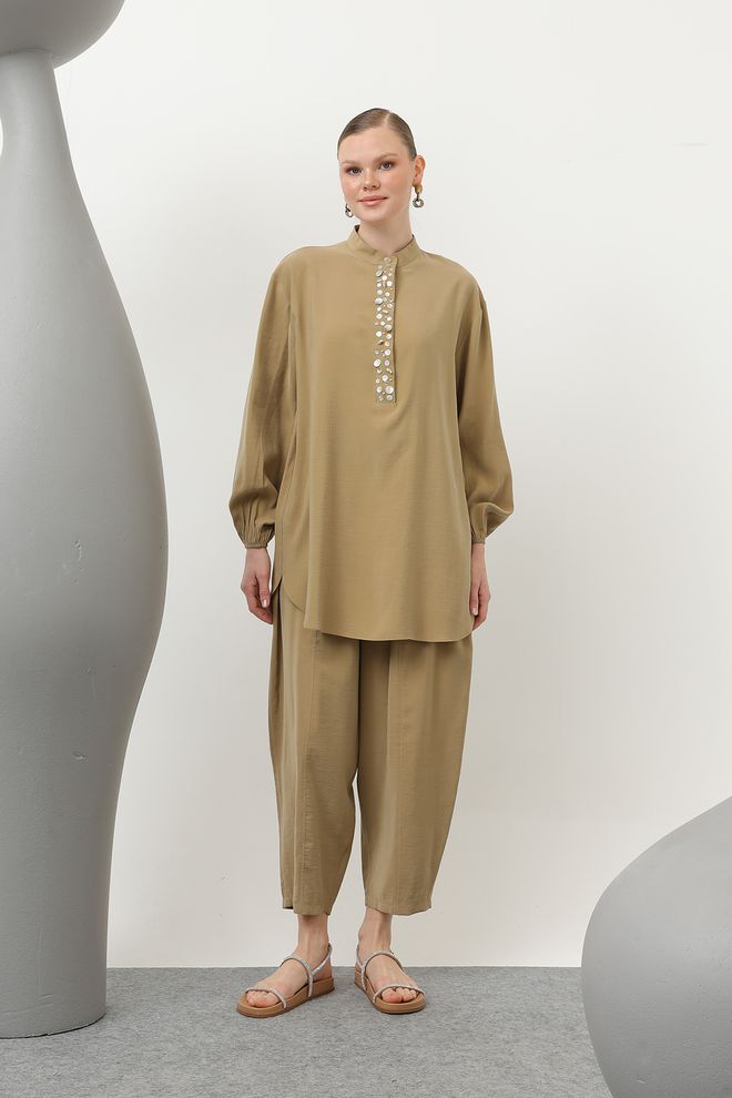 Puane Women's Pat Part Seashells Embroidered Pants Suit Oil Green Wholesale Clothing Casual