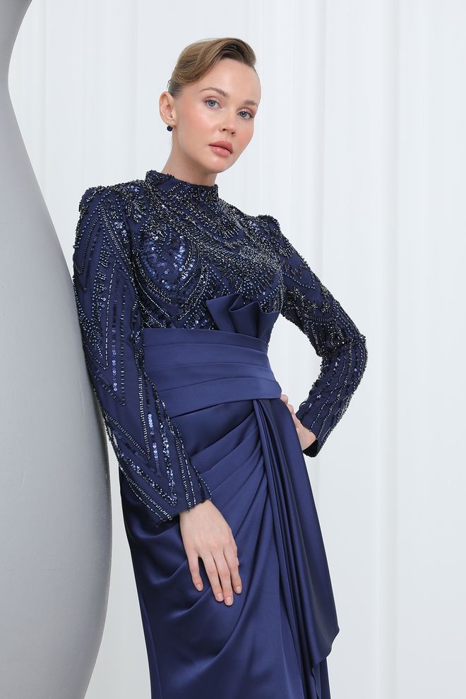 Puane Vestido De Noche De Satén Con Detalle De Drapeado En La Cintura Bordado Para Mujer Ropa al por mayor Elegante