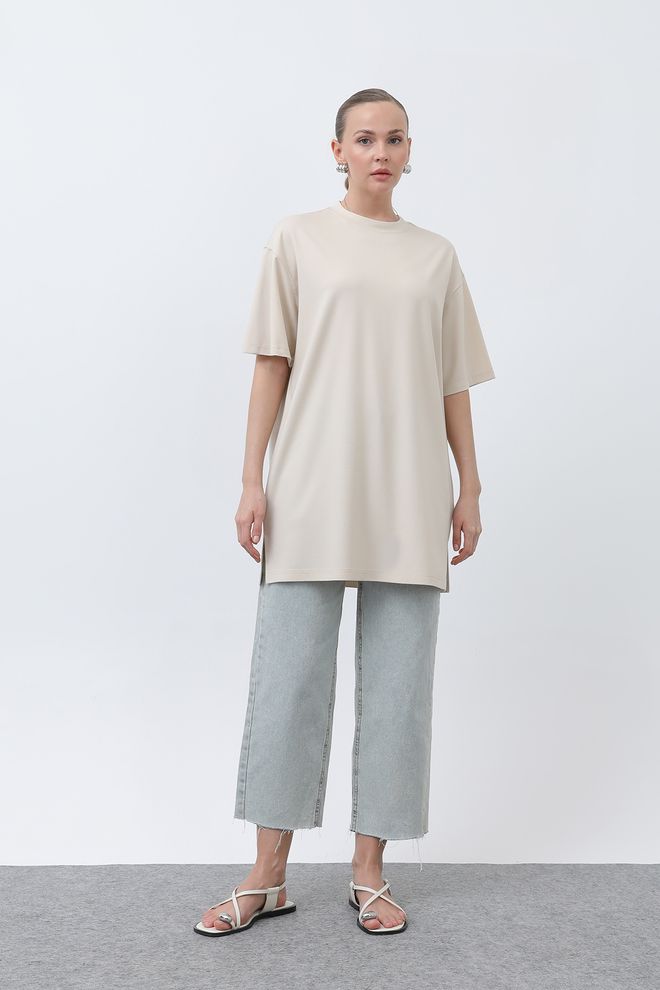 Puane T shirt Lunga E Ampia Beige Abbigliamento all'ingrosso Casuale