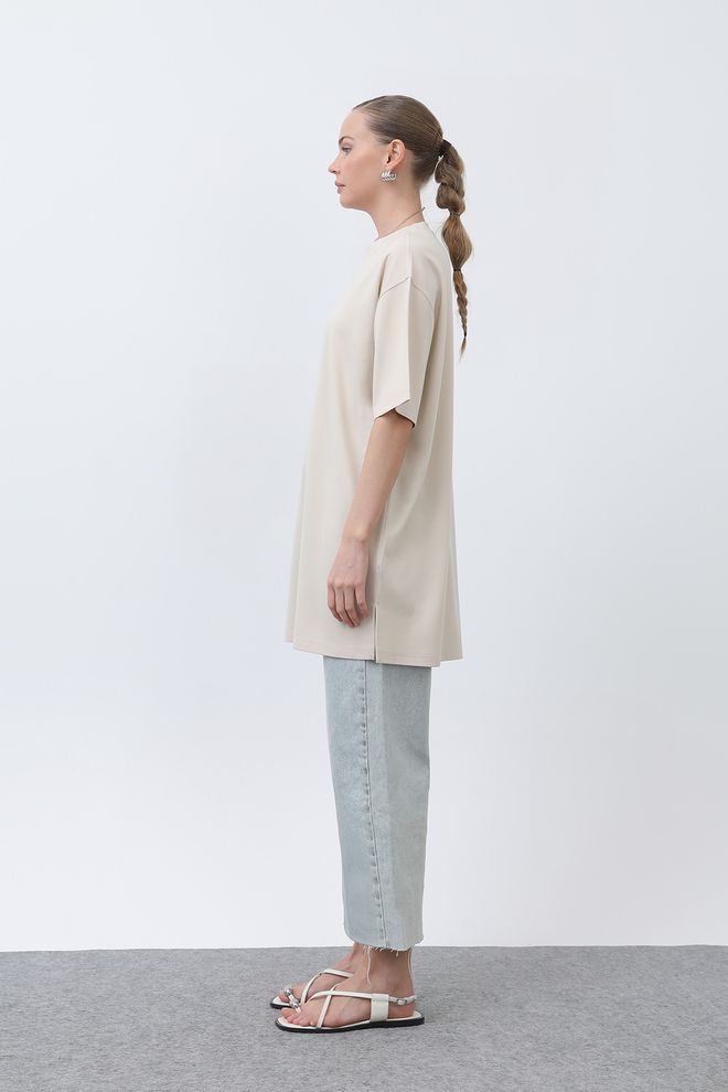 Puane Long Loose Fit Tshirt Beige Wholesale Clothing Birthday