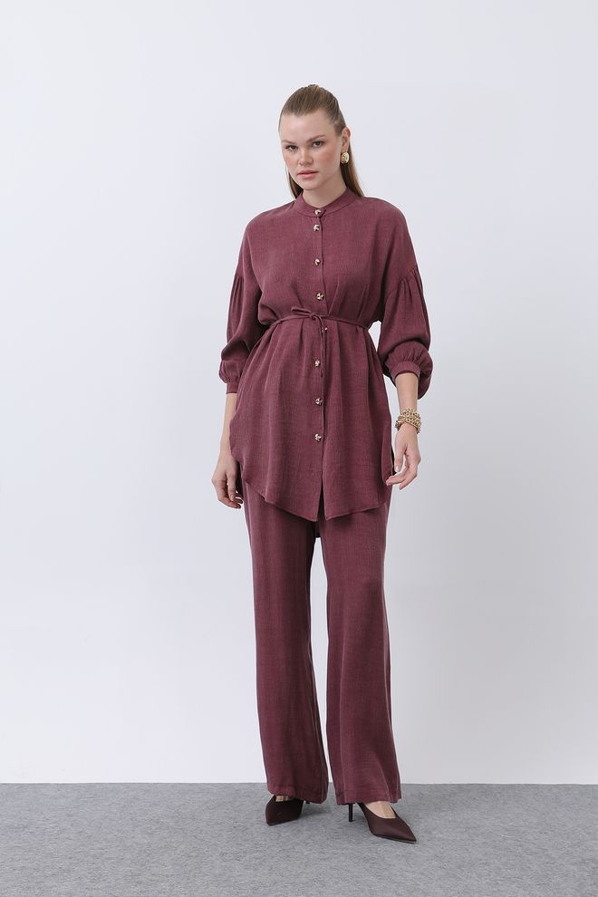 Puane Costume Pantalon Orné D'un Col De Juge Et De Boutons Bordeaux Vêtements en gros Formel