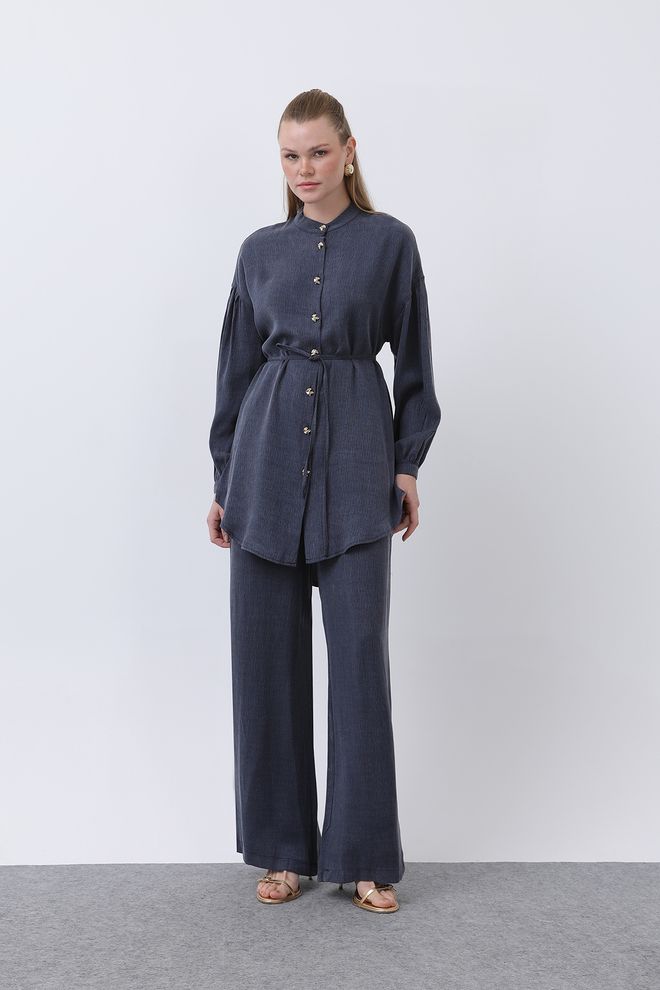 Puane Costume Pantalon Orné D'un Col De Juge Et De Boutons Bleu Marine Vêtements en gros Formel