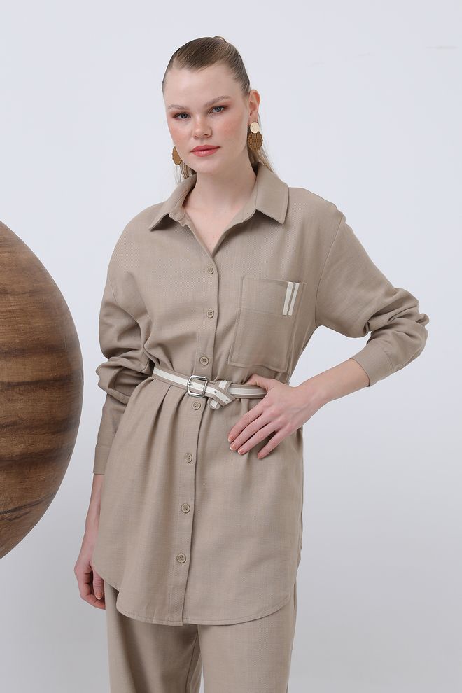 Puane Set Met Ruches En Zakken Voor Dames Gedetailleerd Shirt En Broek Groothandel Kleding Casual