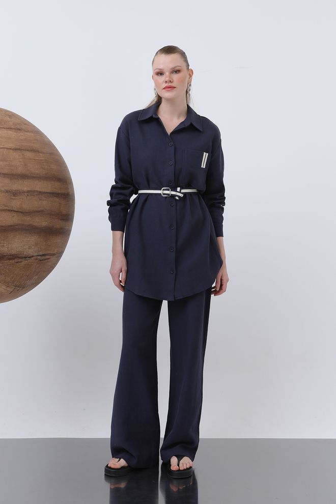 Puane Ruched Waist And Pocket Detailed Shirt And Pants Set Navy Blue Wholesale Clothing Casual