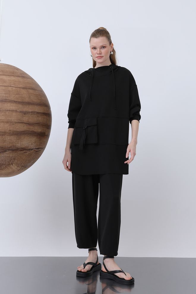 Puane Pocket Detailed Double Set Black Wholesale Clothing Casual